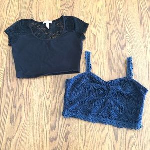 Junior Girls M Crop Tops Black Lace Blue Knit